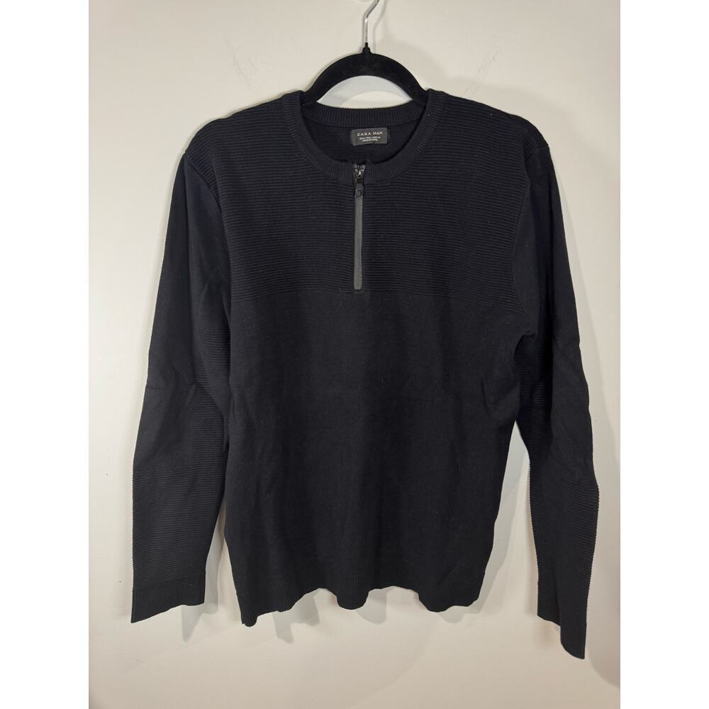 ZARA Man Black Quarter-Zip Ribbed Sweater Size L – Minimalist Knit Pullover